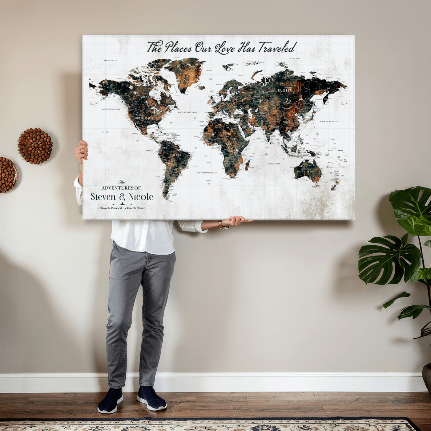 29090064-MGV-CV-36X24 - Custom Push Pin World Map Wall Art Canvas Print – Personalized Travel Tracker with Pins Framed Large for Home and Office Decor
