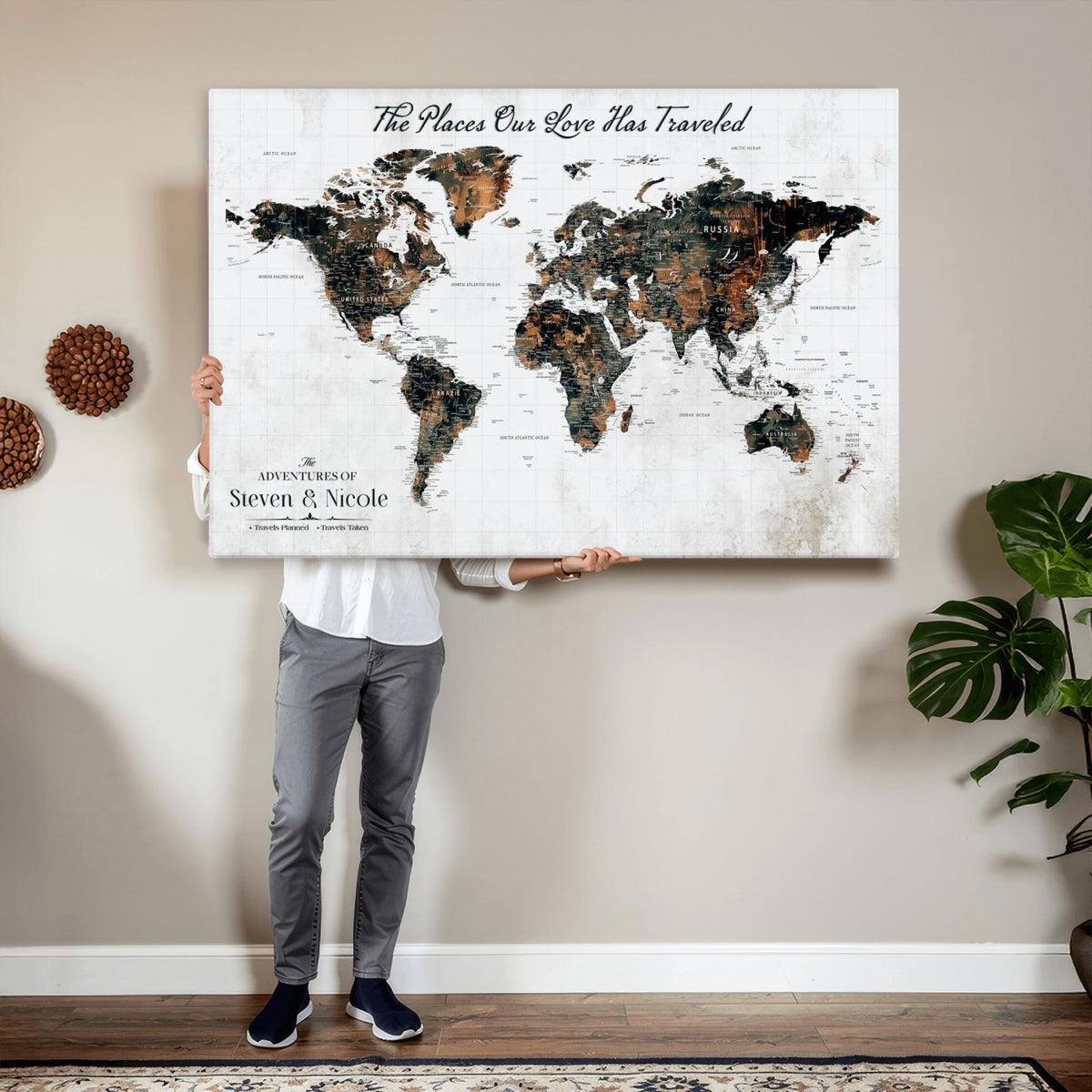 29090064-MGV-CV-36X24 - Personalized Beige Push Pin World Map Canvas Print, Honeymoon and Anniversary Gift, Living Room and Dining Room Decor