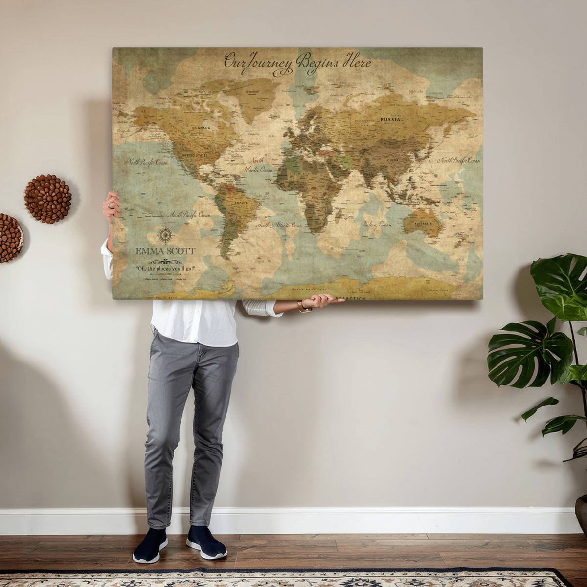 66550749-MGV-CV-36X24 - Custom Push Pin World Map Wall Art Canvas Print | Personalized Travel Tracker with Pins Framed Large for Home and Office Decor