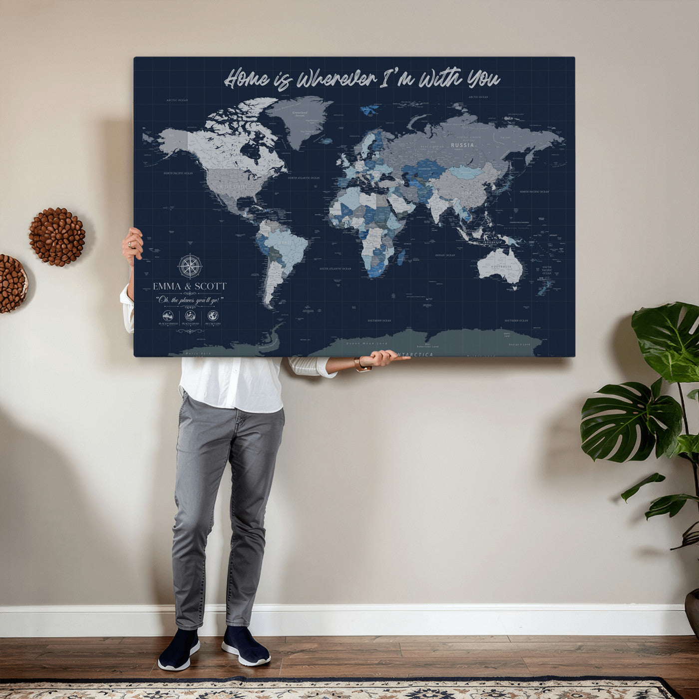 NEWMAP-18-MGV-CV-36X24 - Custom Push Pin World Map Wall Art Canvas Print – Personalized Travel Tracker with Pins Framed Large Print - NEWMAP-18