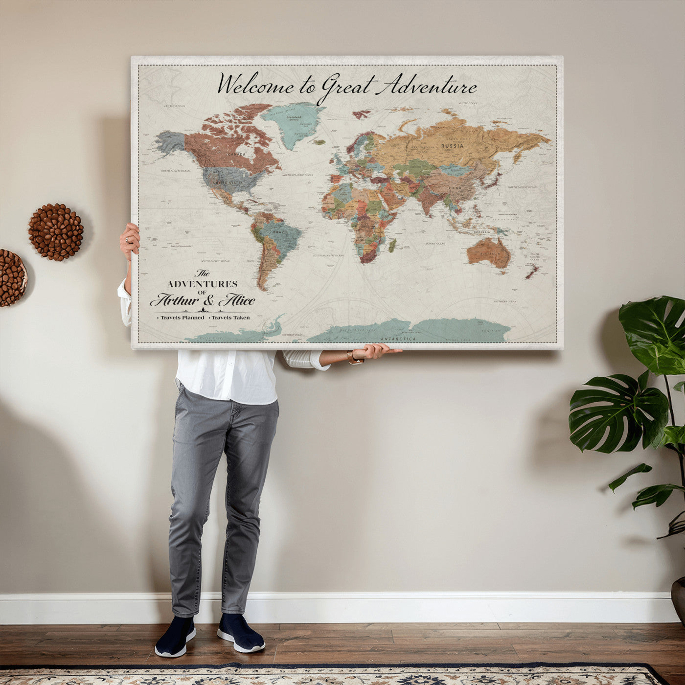 32470528-MGV-CV-36X24 - Custom Push Pin World Map Wall Art Canvas Print – Personalized Travel Tracker with Pins Framed Large for Home and Office Decor