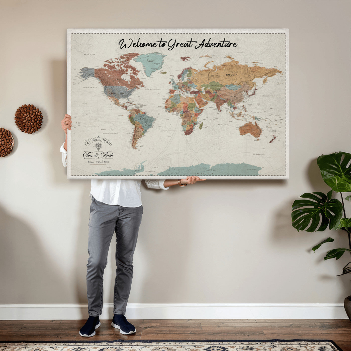 32470528-MGV-CV-36X24 - Custom Push Pin World Map Wall Art Canvas Print – Personalized Travel Tracker with Pins Framed Large for Home and Office Decor