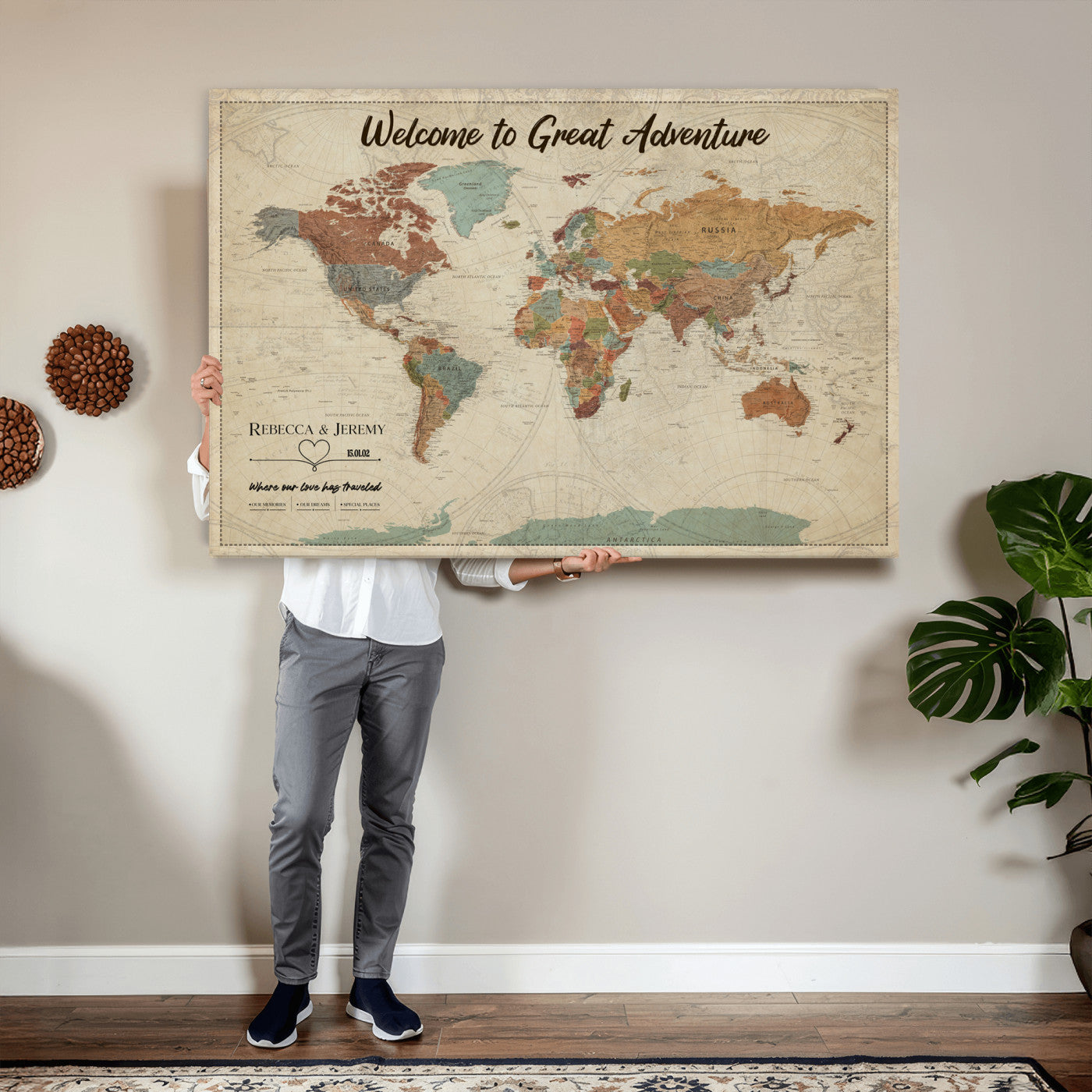 44361524-MGV-CV-36X24 - Custom Push Pin World Map Wall Art Canvas Print – Personalized Travel Tracker with Pins Framed Large for Home and Office Decor