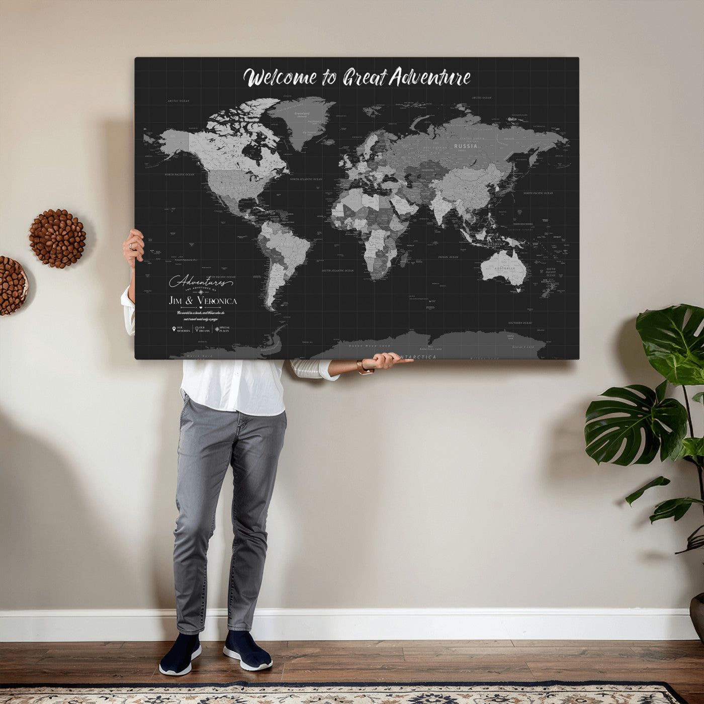 57127599-MGV-CV-36X24 - Custom Push Pin World Map Wall Art Canvas Print – Personalized Travel Tracker with Pins Framed Large for Home and Office Decor