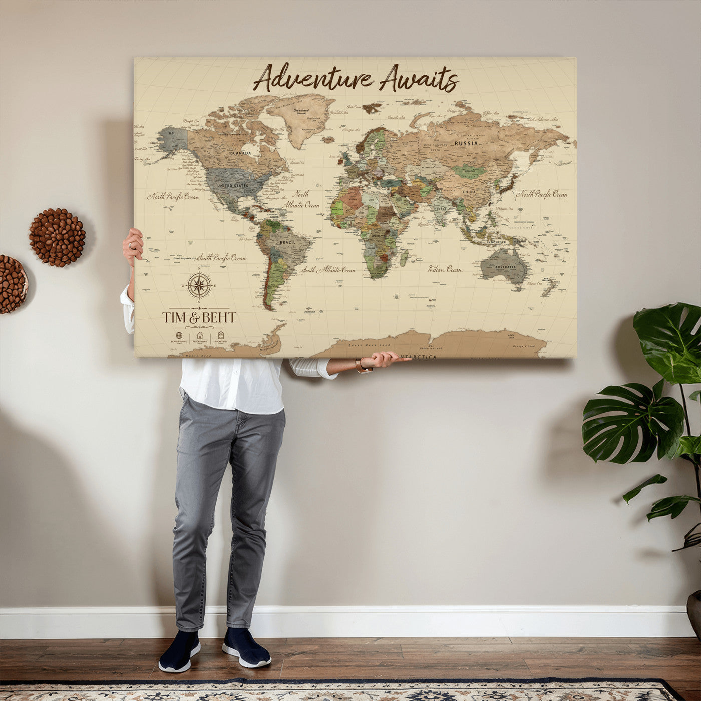 72027187-MGV-CV-36X24 - Custom Push Pin World Map Wall Art Canvas Print – Personalized Travel Tracker with Pins Framed Large for Home and Office Decor