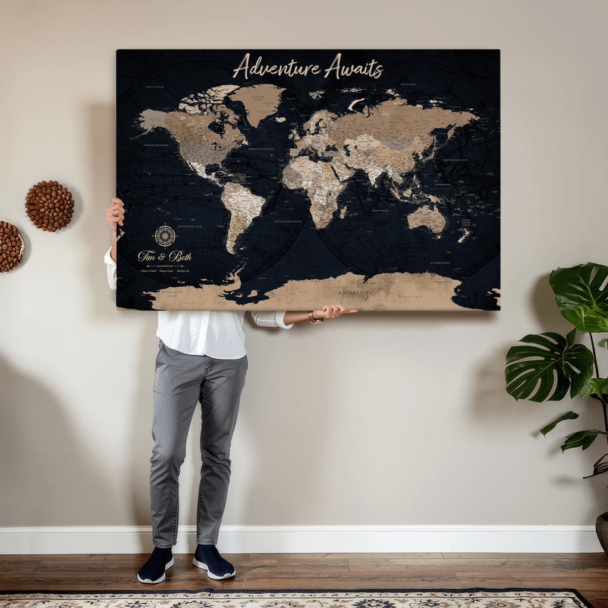 66938317-MGV-CV-36X24 - Custom Push Pin World Map Wall Art Canvas Print | Personalized Travel Tracker with Pins Framed Large for Home and Office Decor