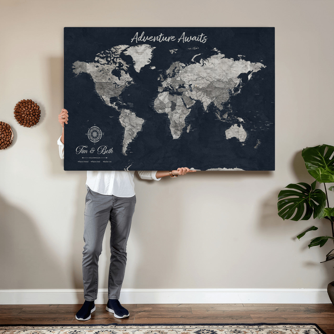32031089-MGV-CV-36X24 - Custom Push Pin World Map Wall Art Canvas Print – Personalized Travel Tracker with Pins Framed Large for Home and Office Decor