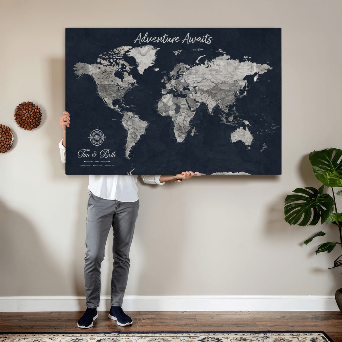 32031089-MGV-CV-36X24 - Custom Push Pin World Map Wall Art Canvas Print | Personalized Travel Tracker with Pins Framed Large for Home and Office Decor