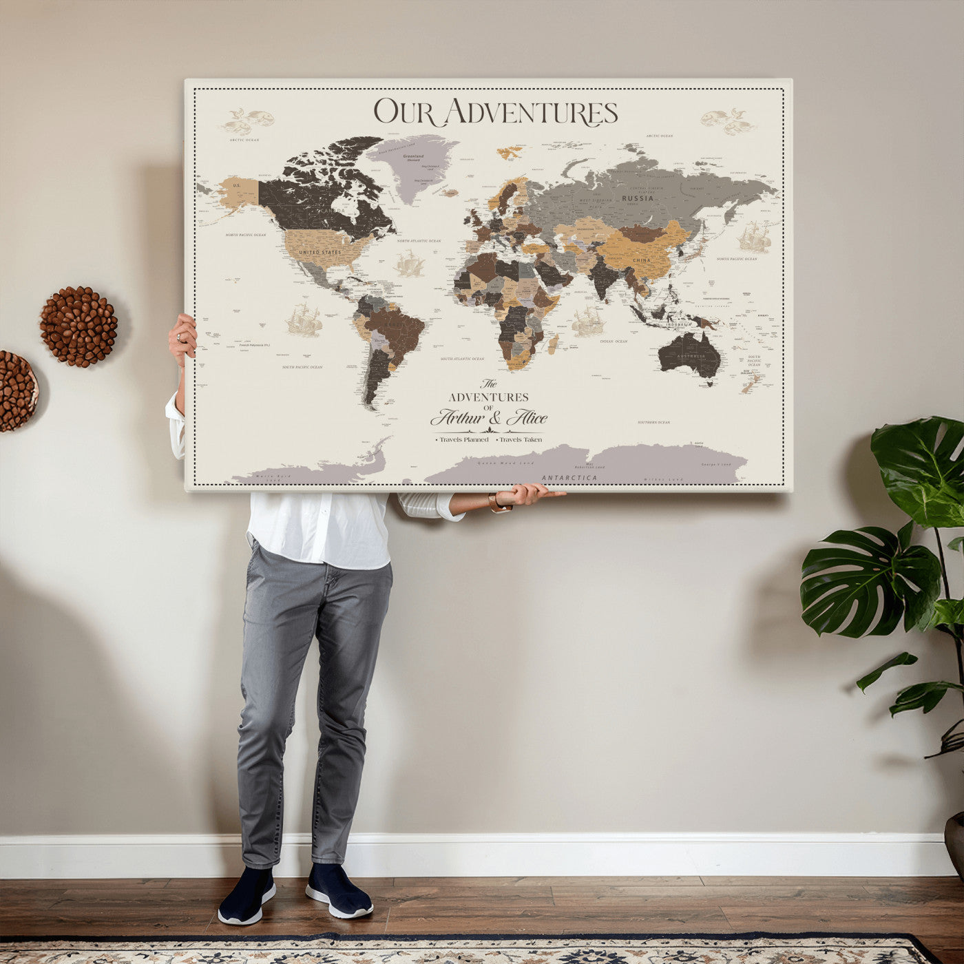 66301646-MGV-CV-36X24 - Custom Push Pin World Map Wall Art Canvas Print – Personalized Travel Tracker with Pins Framed Large for Home and Office Decor