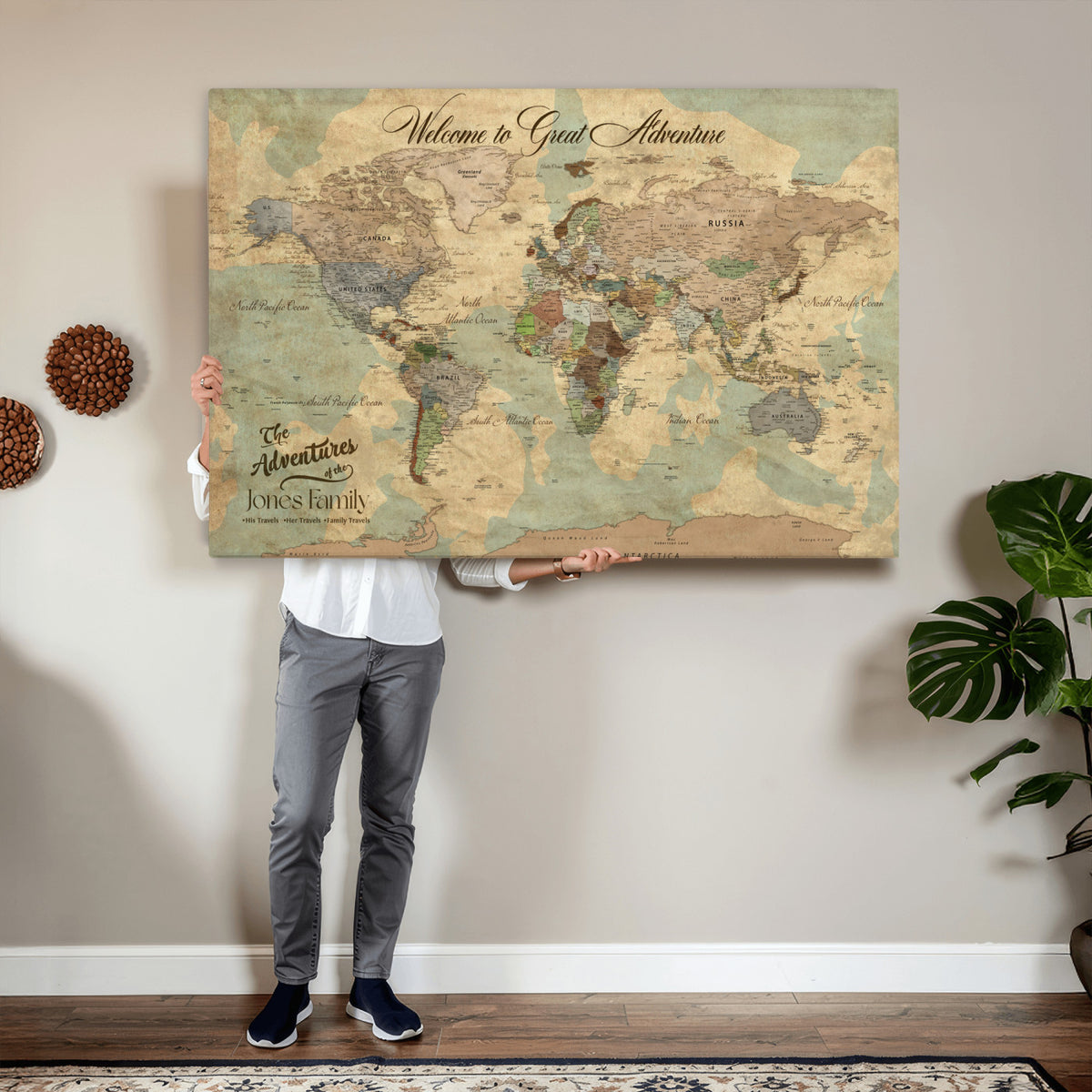 38092909-MGV-CV-36X24 - Personalized Framed Navy Vintage Push Pin World Map Wall Art, Places Visited Tracker, Bedroom and Hallway Decor