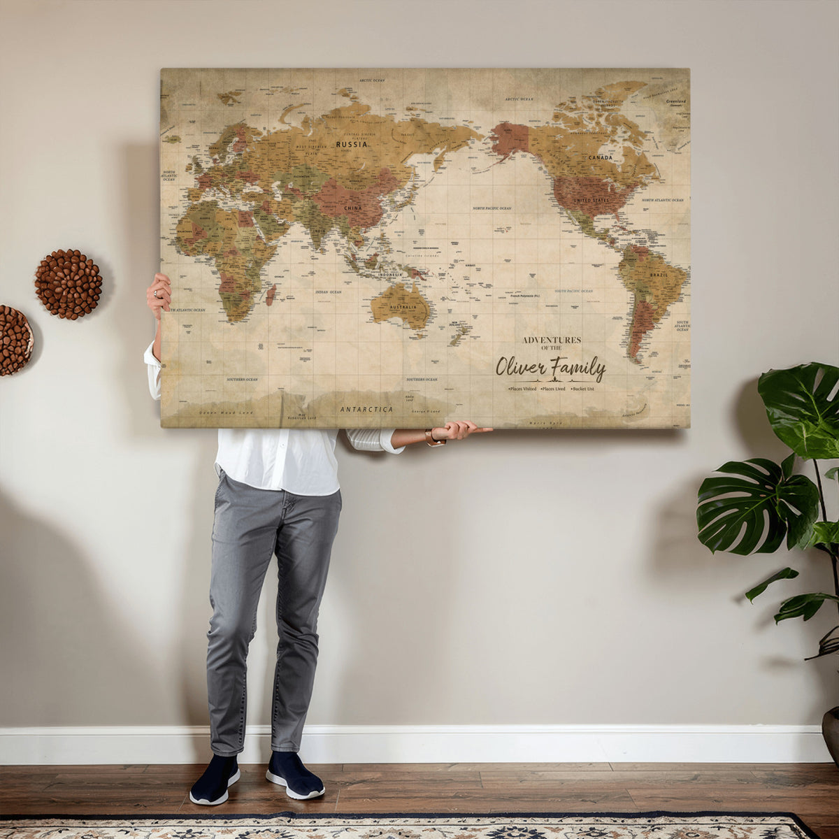 19347393-MGV-CV-36X24 - Personalized Framed Navy Modern World Map Canvas with Push Pins, Bucket List Map, Living Room and Entryway Decor