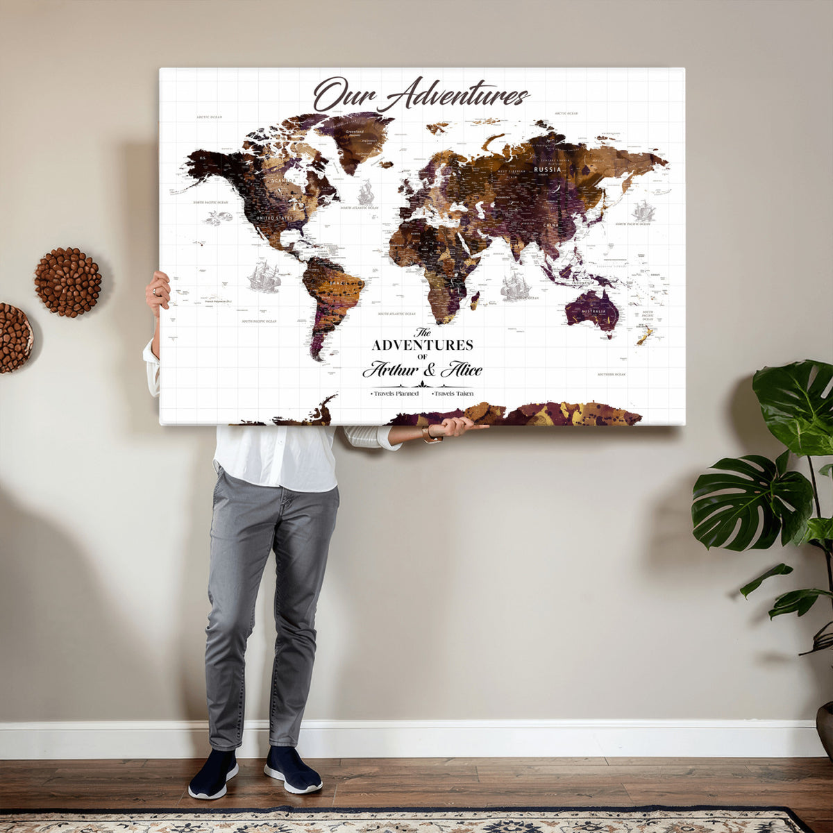 95729279-MGV-CV-36X24 - Personalized Framed Beige Vintage Push Pin Travel Map Canvas Print, Next Trip Planner Map, Home Office and Entryway Decor