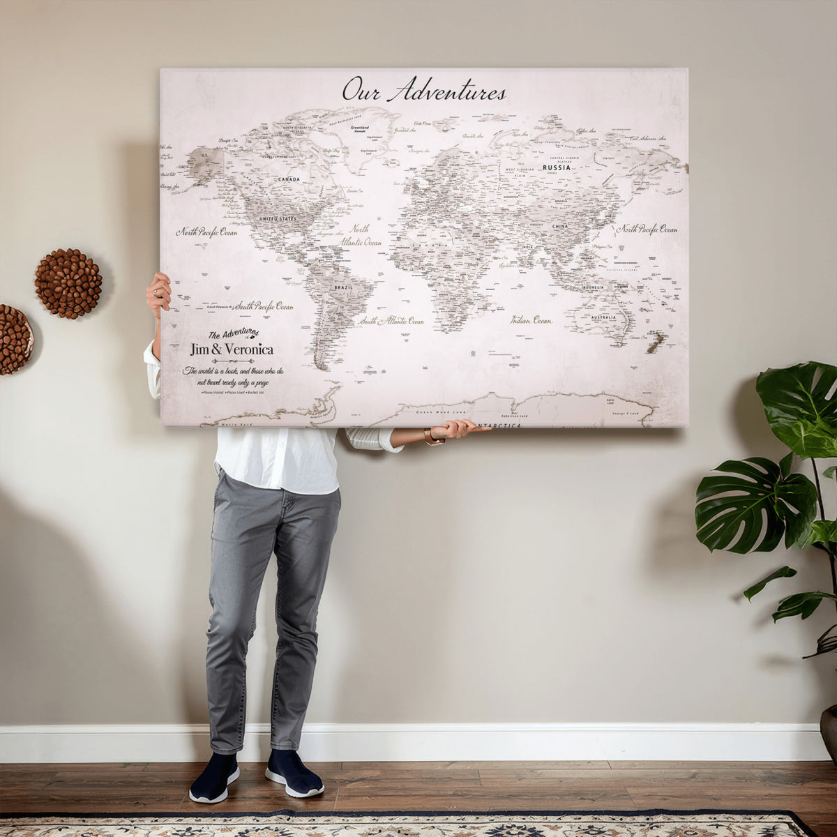 62392749-MGV-CV-36X24 - Personalized Beige Vintage World Travel Map Wall Art with Pins, Honeymoon and Anniversary Gift, Entryway and Hallway Decor