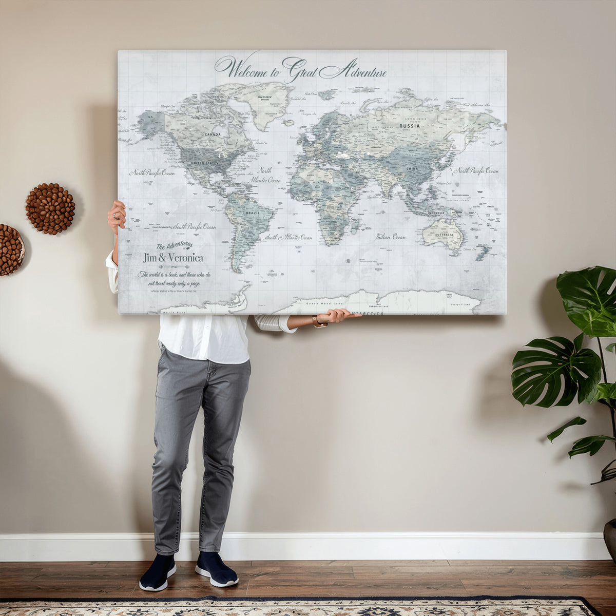 55391088-MGV-CV-36X24 - Personalized Beige Antique Push Pin World Map Canvas Print, Family Travel Tracker, Family Room and Entryway Decor