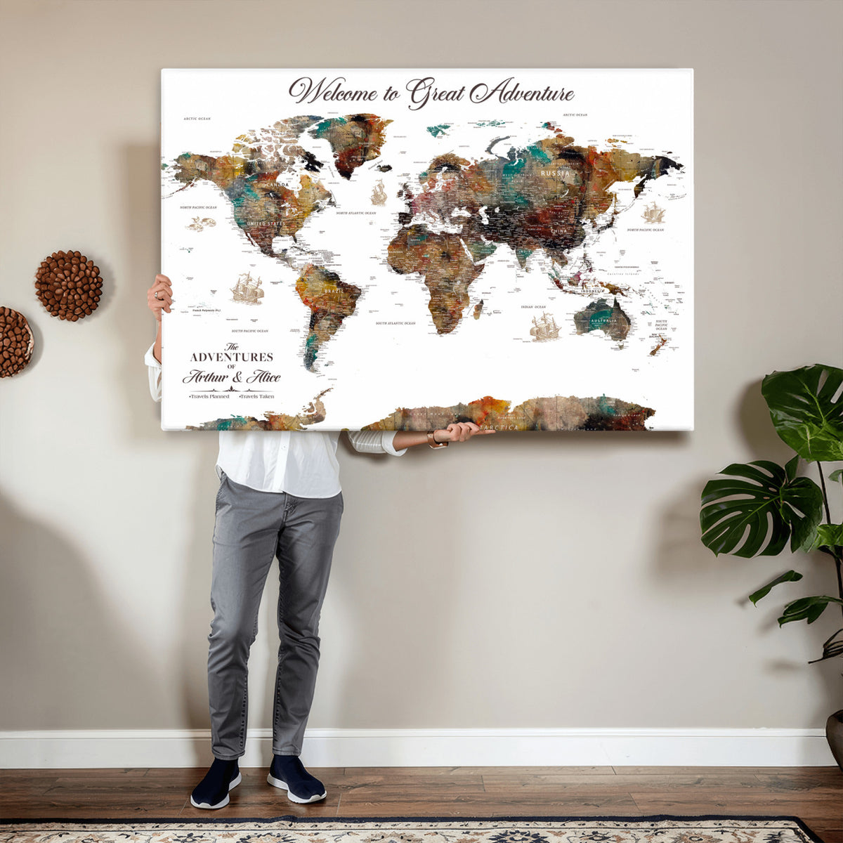 20271103-MGV-CV-36X24 - Custom Framed Beige Modern Push Pin World Map Wall Art, Couples Countries Visited Map, Study and Entryway Decor
