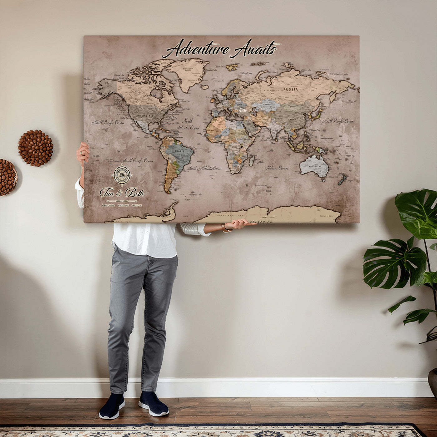 30508877-MGV-CV-36X24 - Custom Push Pin World Map Wall Art Canvas Print – Personalized Travel Tracker with Pins Framed Large for Home and Office Decor