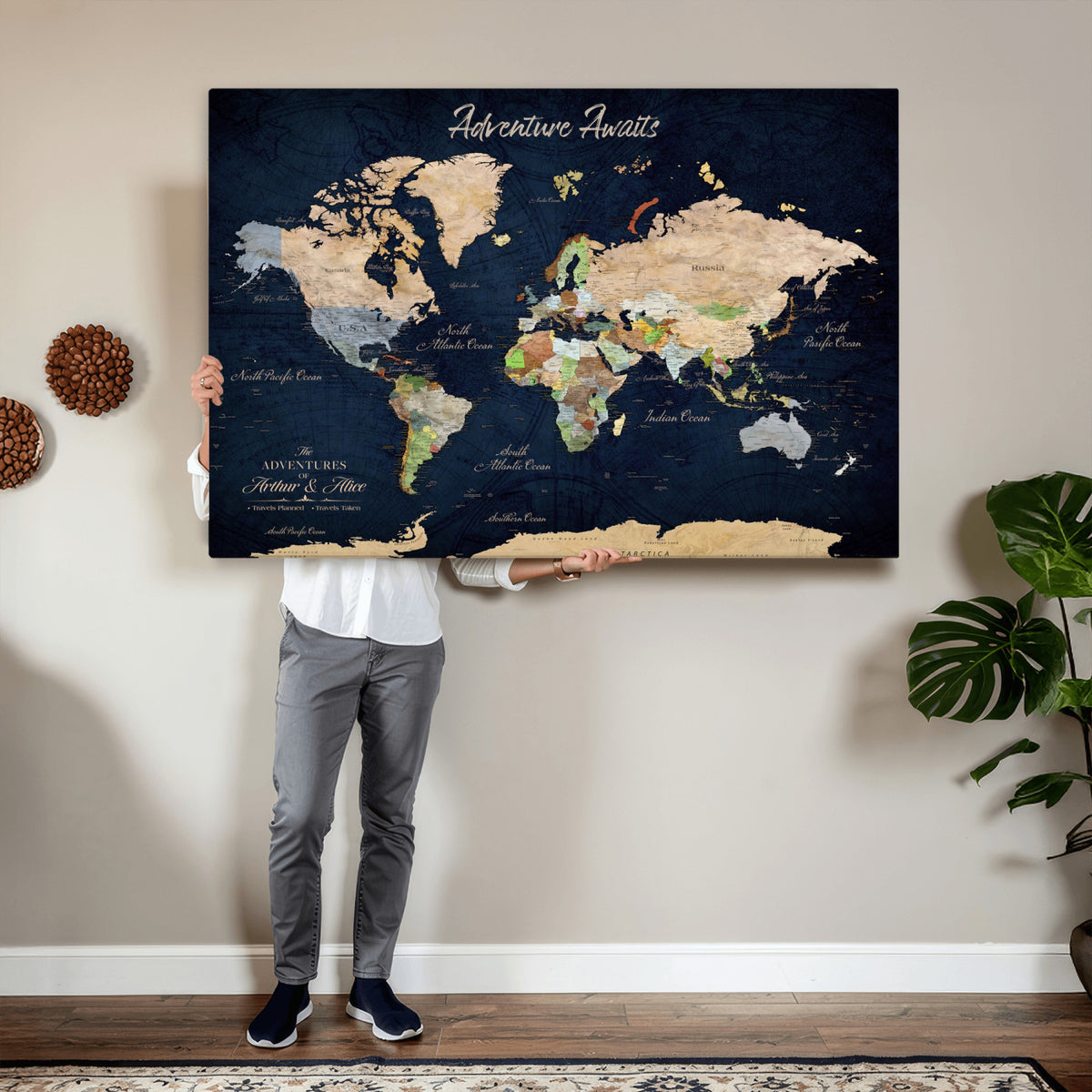 39120422-MGV-CV-36X24 - Personalized Beige Antique Push Pin Travel Map Canvas Print, Bucket List Map, Dining Room and Entryway Decor