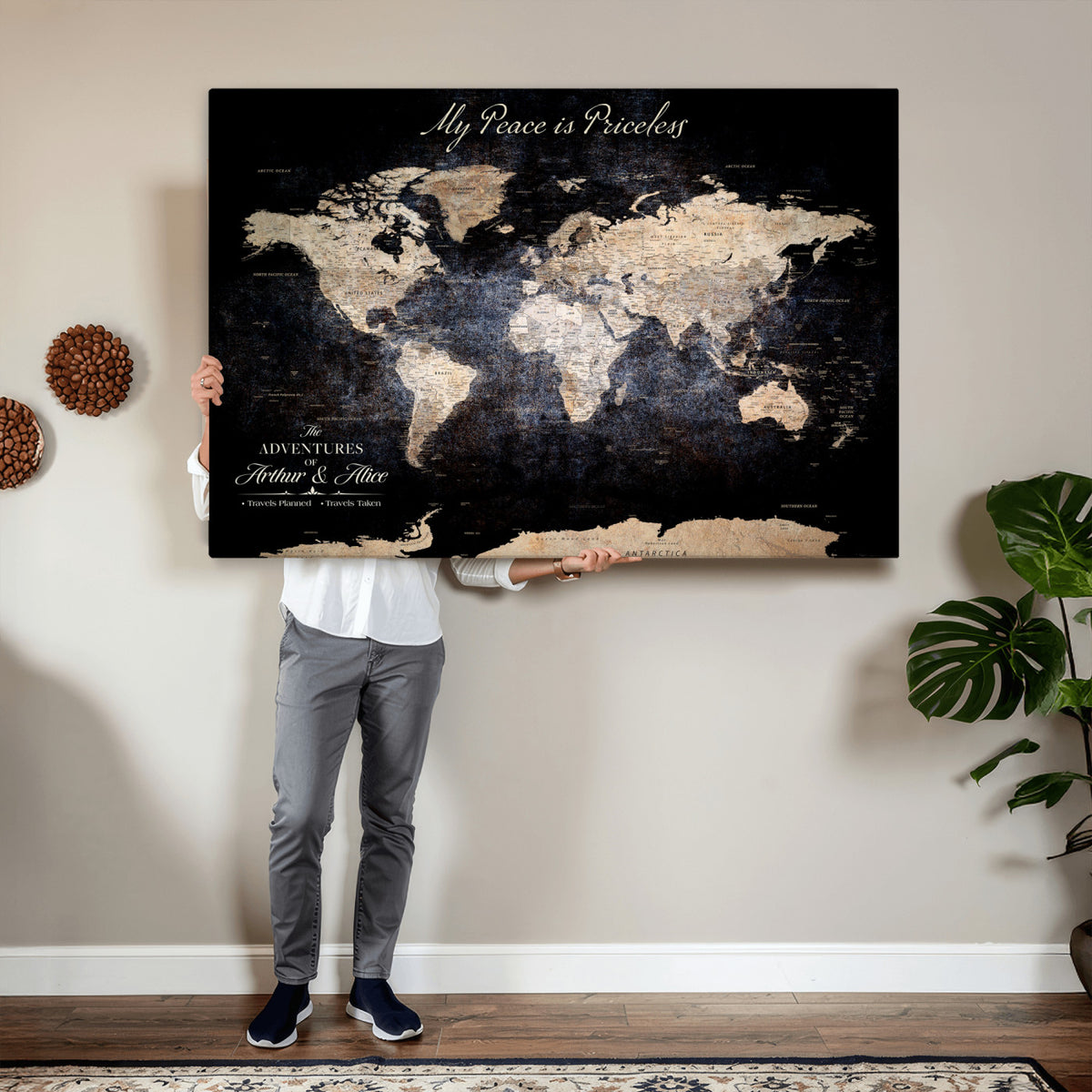 38689152-MGV-CV-36X24 - Personalized Beige World Map Canvas with Push Pins, Couples Countries Visited Map, Study and Hallway Decor