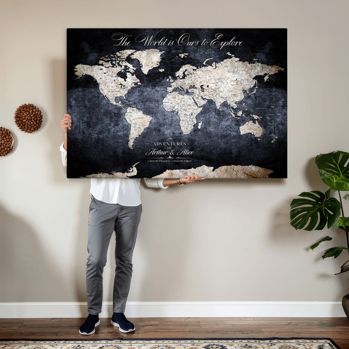 78489746-MGV-CV-36X24 - Custom Push Pin World Map Wall Art Canvas Print | Personalized Travel Tracker with Pins Framed Large for Home and Office Decor