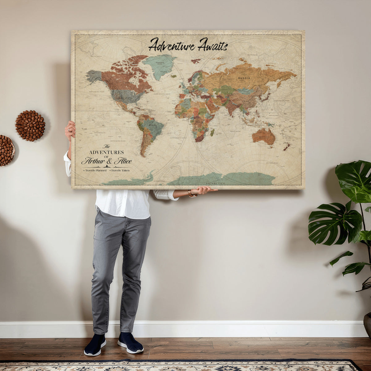 10741176-MGV-CV-36X24 - Custom Push Pin World Map Wall Art Canvas Print | Personalized Travel Tracker with Pins Framed Large for Home and Office Decor