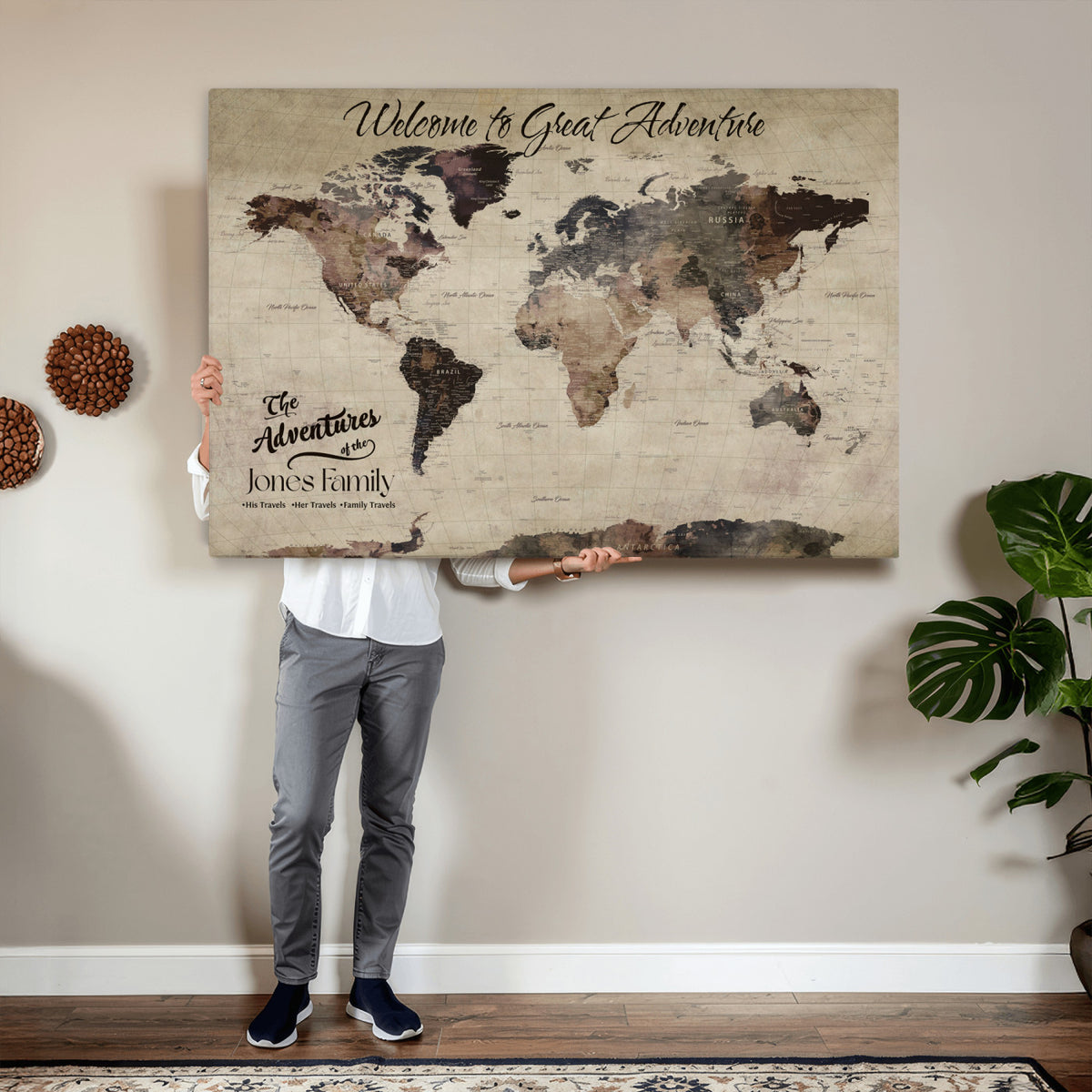 25688366-MGV-CV-36X24 - Custom Push Pin World Map Wall Art Canvas Print | Personalized Travel Tracker with Pins Framed Large for Home and Office Decor