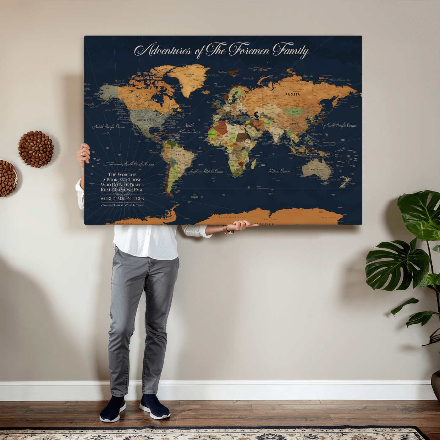 84352304-MGV-CV-36X24 - Custom Push Pin World Map Wall Art Canvas Print – Personalized Travel Tracker with Pins Framed Large for Home and Office Decor