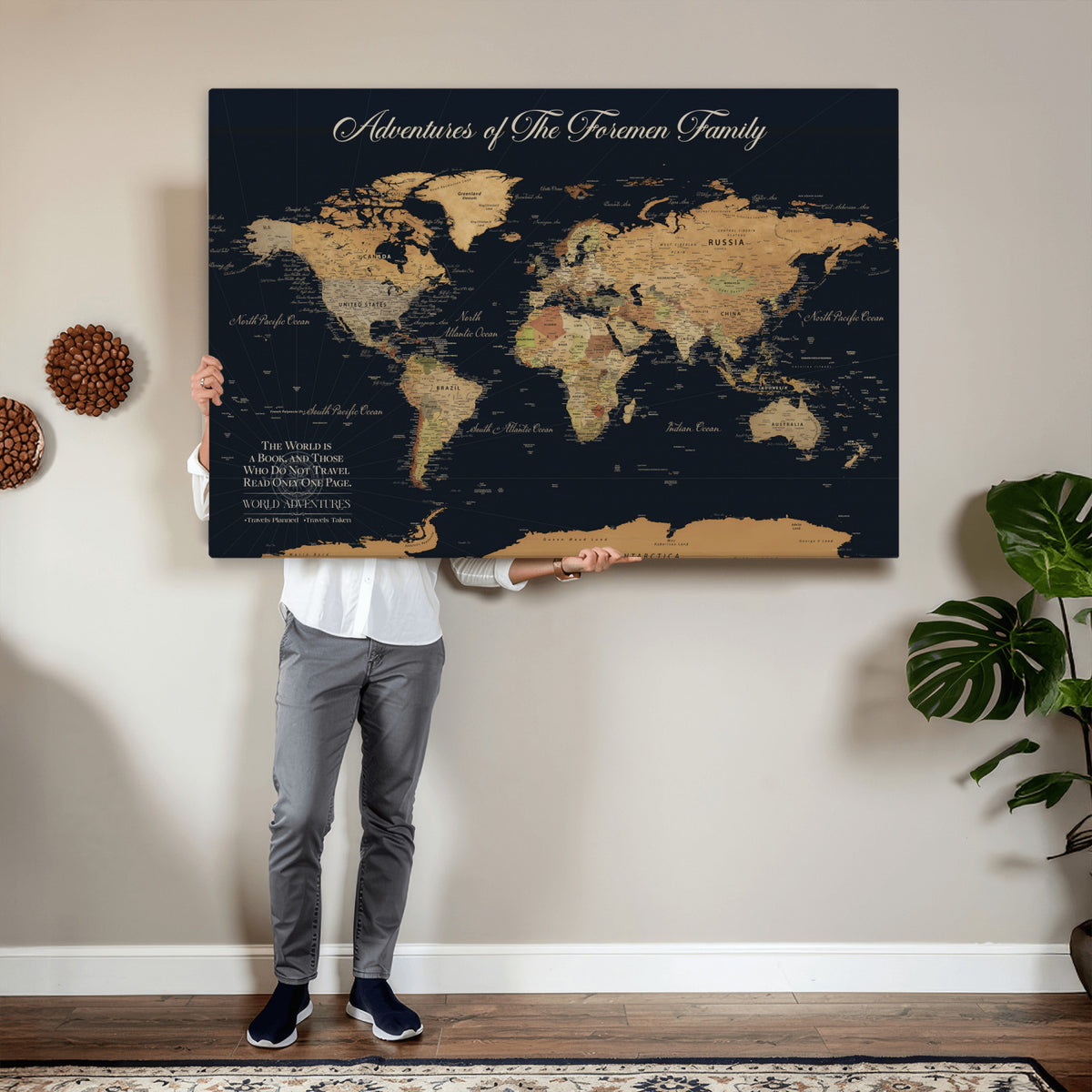 89403803-MGV-CV-36X24 - Personalized Beige Modern Family Adventure Push Pin World Map Canvas, Places Visited Tracker, Family Room and Home Office Decor
