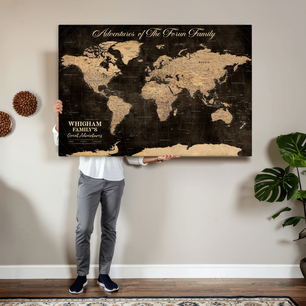 69635819-MGV-CV-36X24 - Custom Push Pin World Map Wall Art Canvas Print | Personalized Travel Tracker with Pins Framed Large for Home and Office Decor