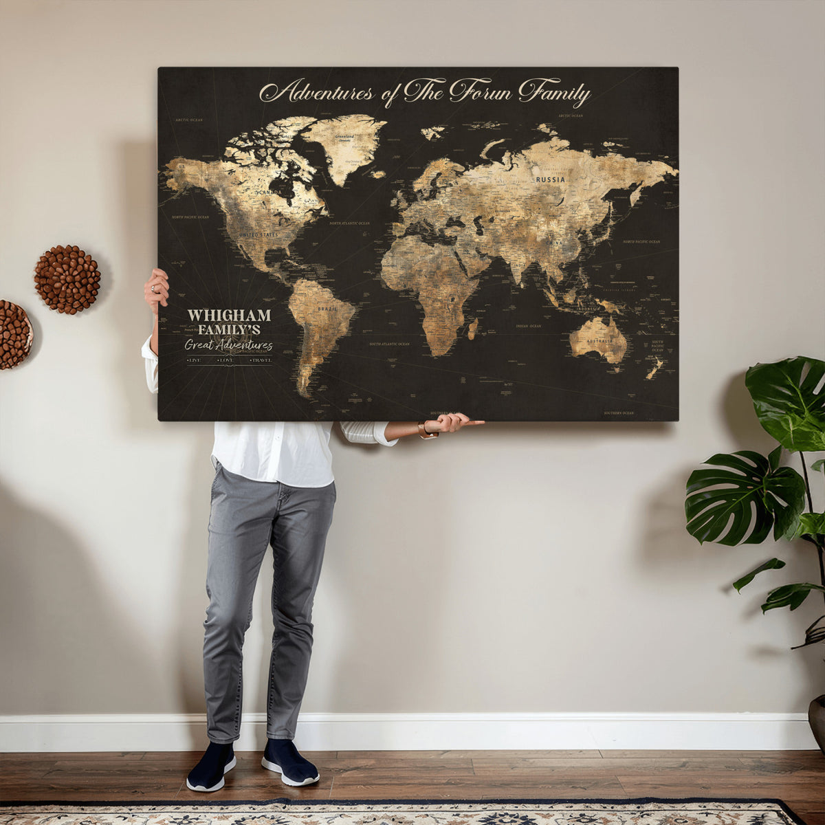 80238567-MGV-CV-36X24 - Custom Push Pin World Map Wall Art Canvas Print | Personalized Travel Tracker with Pins Framed Large for Home and Office Decor