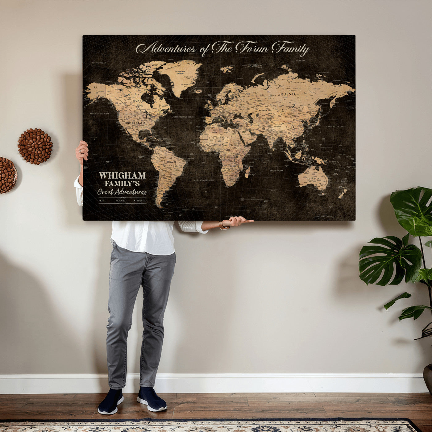 68639184-MGV-CV-36X24 - Custom Push Pin World Map Wall Art Canvas Print – Personalized Travel Tracker with Pins Framed Large for Home and Office Decor