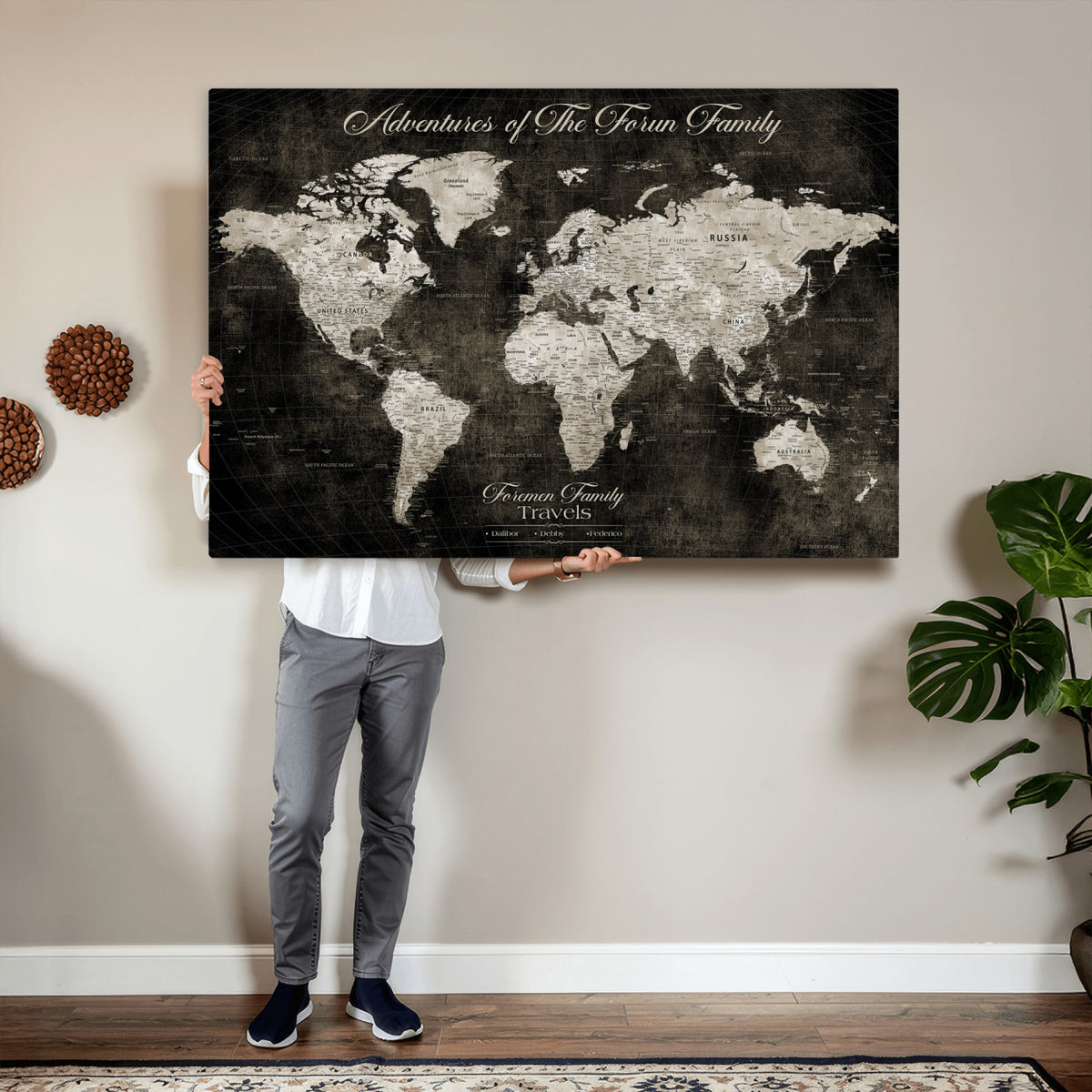 73767525-MGV-CV-36X24 - Custom Push Pin World Map Wall Art Canvas Print | Personalized Travel Tracker with Pins Framed Large for Home and Office Decor