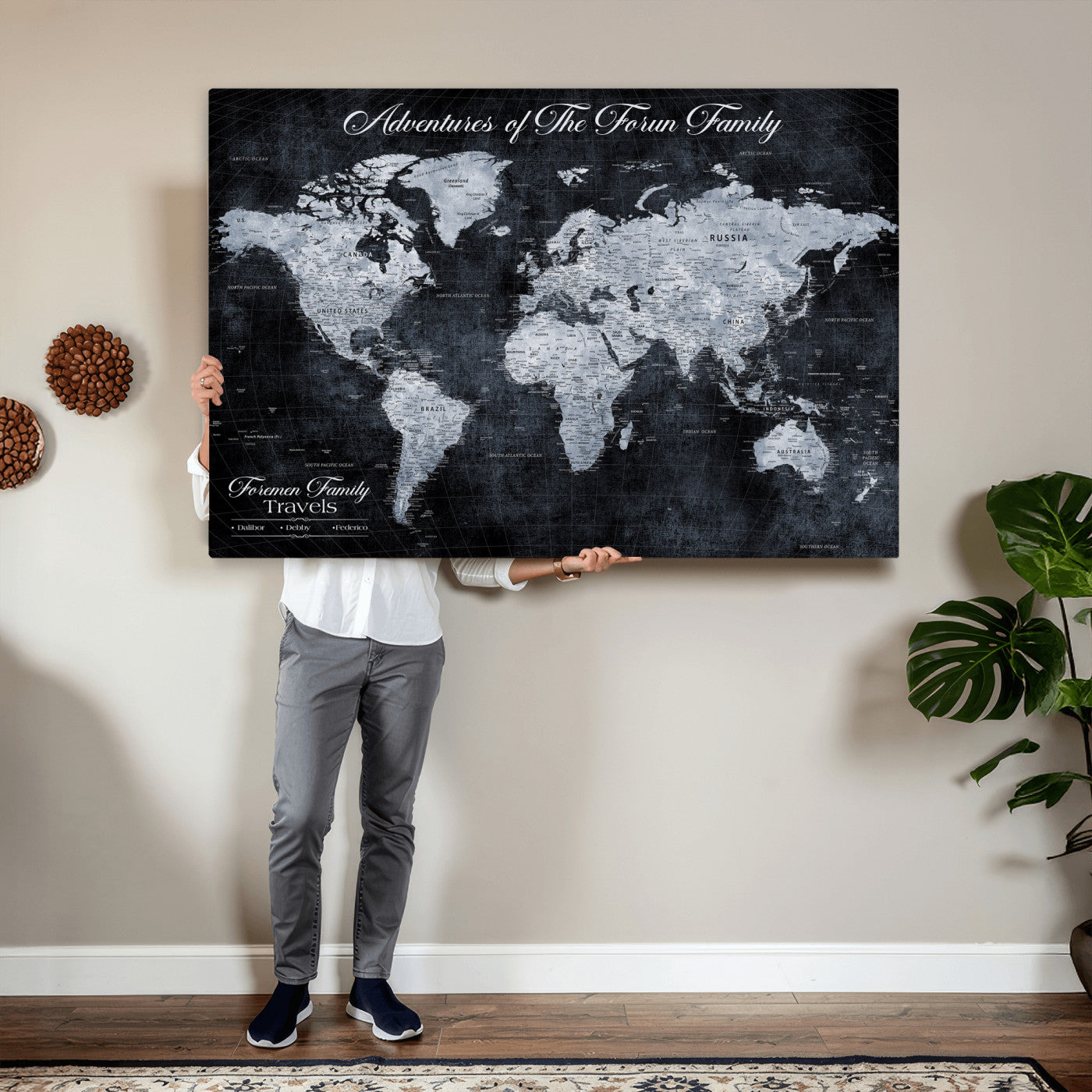 26826520-MGV-CV-36X24 - Custom Push Pin World Map Wall Art Canvas Print – Personalized Travel Tracker with Pins Framed Large for Home and Office Decor