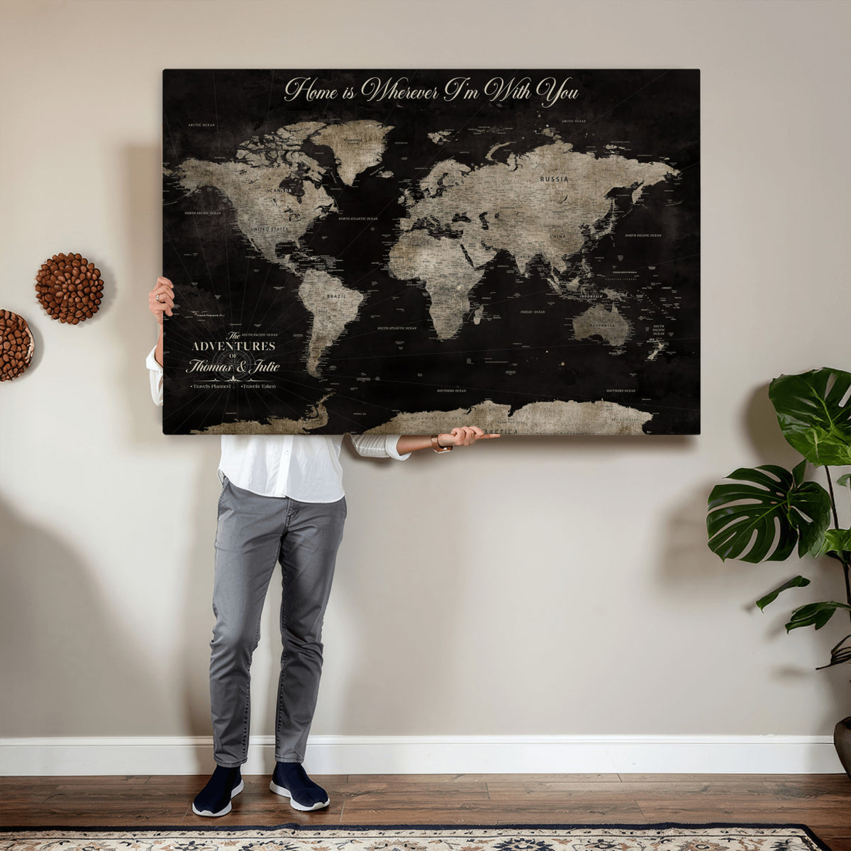 28461537-MGV-CV-36X24 - Personalized Framed Black Geometric World Map Canvas with Push Pins, Bucket List Map, Living Room and Dining Room Decor