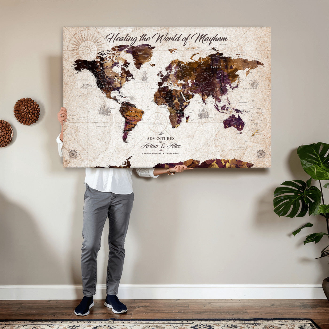 20154714-MGV-CV-36X24 - Custom Push Pin World Map Wall Art Canvas Print – Personalized Travel Tracker with Pins Framed Large for Home and Office Decor