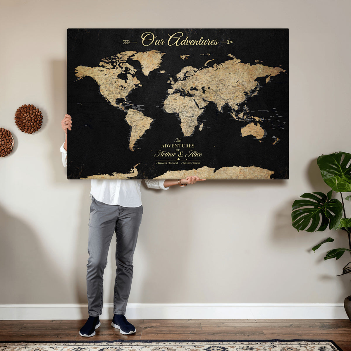54638998-MGV-CV-36X24 - Custom Push Pin World Map Wall Art Canvas Print | Personalized Travel Tracker with Pins Framed Large for Home and Office Decor