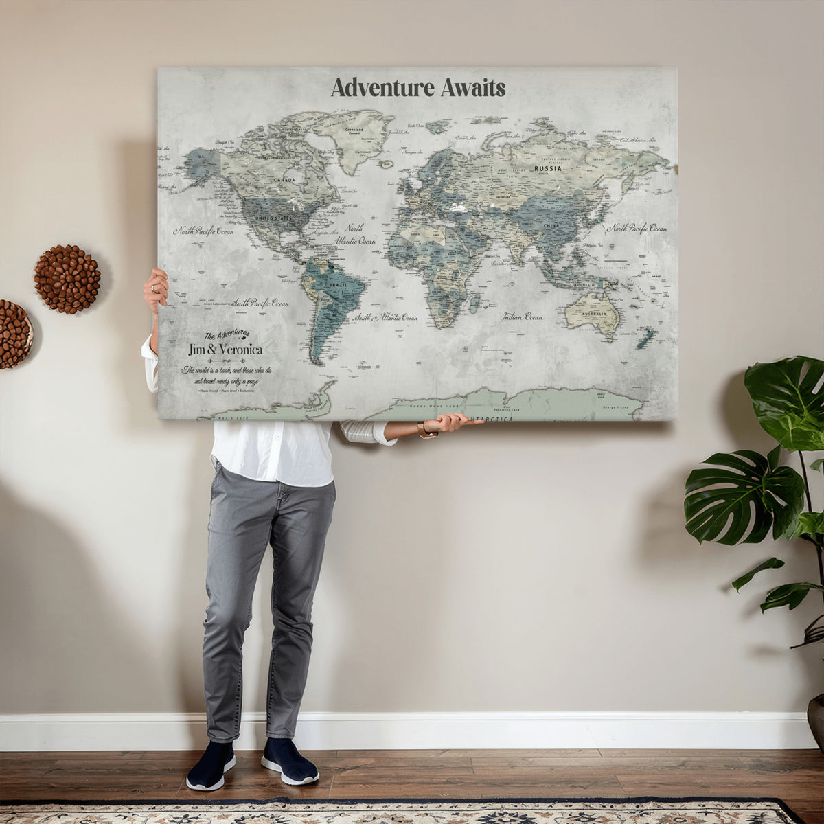 11945570-MGV-CV-36X24 - Custom Push Pin World Map Wall Art Canvas Print | Personalized Travel Tracker with Pins Framed Large for Home and Office Decor