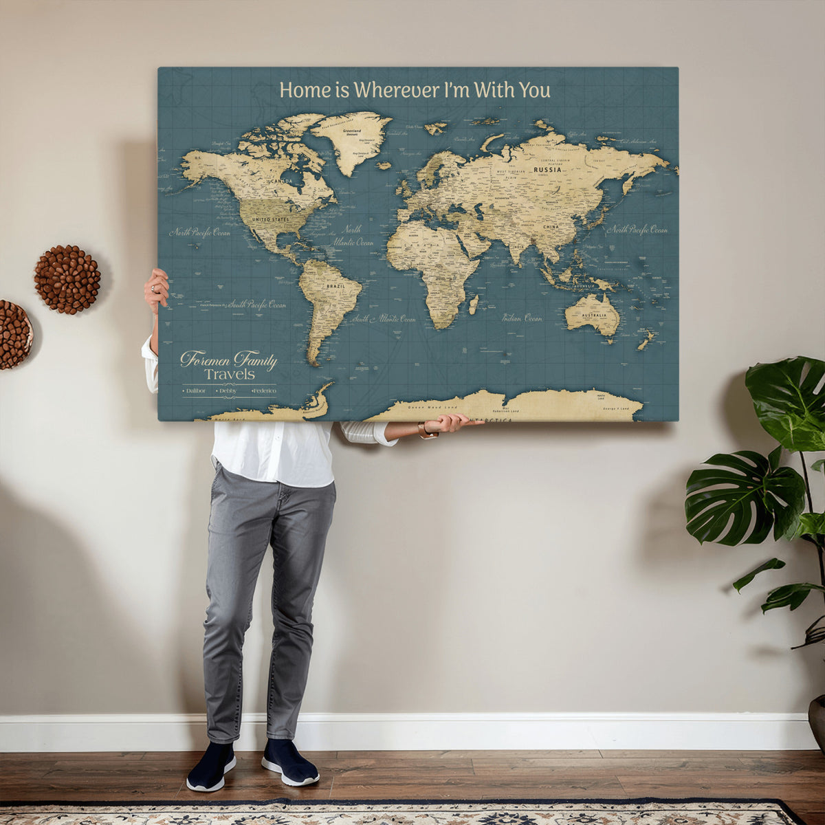 15936891-MGV-CV-36X24 - Custom Push Pin World Map Wall Art Canvas Print | Personalized Travel Tracker with Pins Framed Large for Home and Office Decor