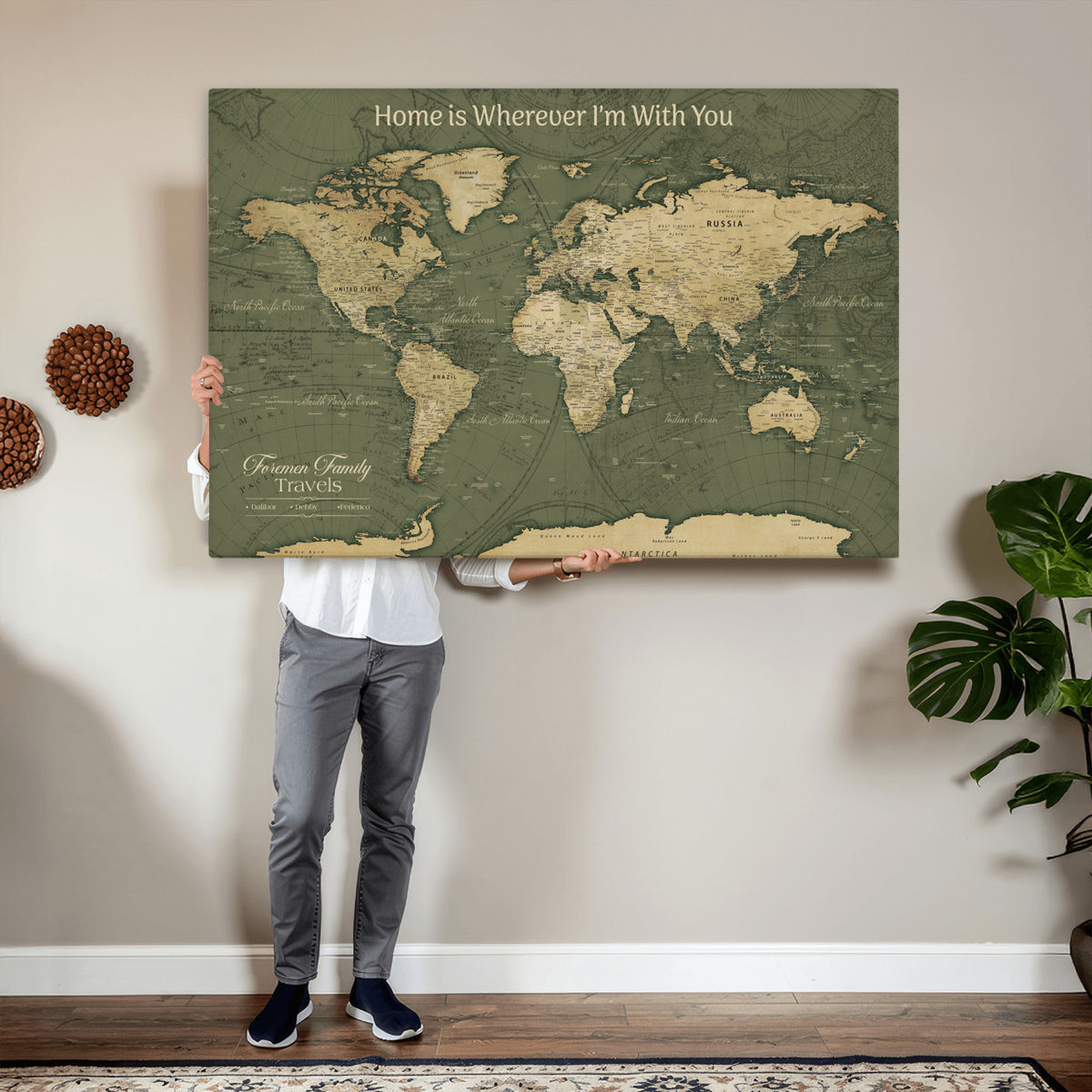 31715895-MGV-CV-36X24 - Custom Push Pin World Map Wall Art Canvas Print | Personalized Travel Tracker with Pins Framed Large for Home and Office Decor
