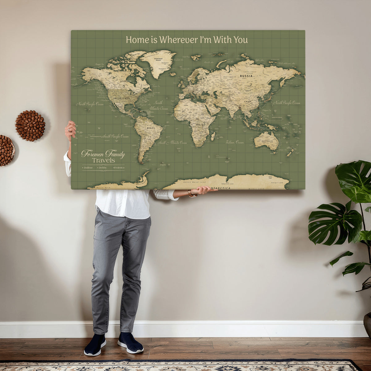 88521244-MGV-CV-36X24 - Custom Push Pin World Map Wall Art Canvas Print | Personalized Travel Tracker with Pins Framed Large for Home and Office Decor