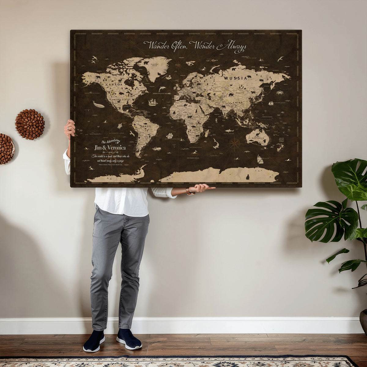 20091587-MGV-CV-36X24 - Personalized Framed Navy Modern Push Pin Travel Map Canvas Print, Places Visited Tracker, Living Room and Home Office Decor
