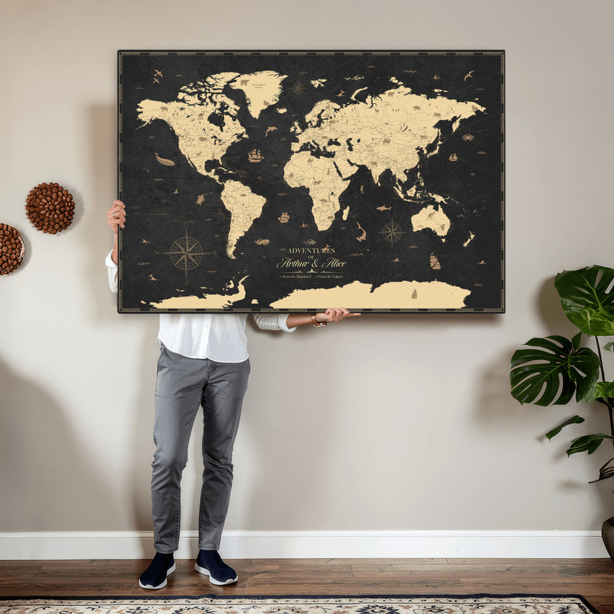 23208482-MGV-CV-36X24 - Custom Push Pin World Map Wall Art Canvas Print | Personalized Travel Tracker with Pins Framed Large for Home and Office Decor