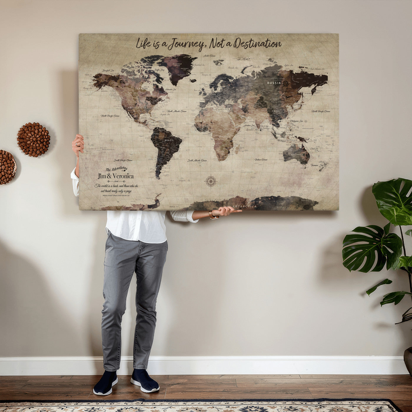 58257942-MGV-CV-36X24 - Custom Push Pin World Map Wall Art Canvas Print – Personalized Travel Tracker with Pins Framed Large for Home and Office Decor