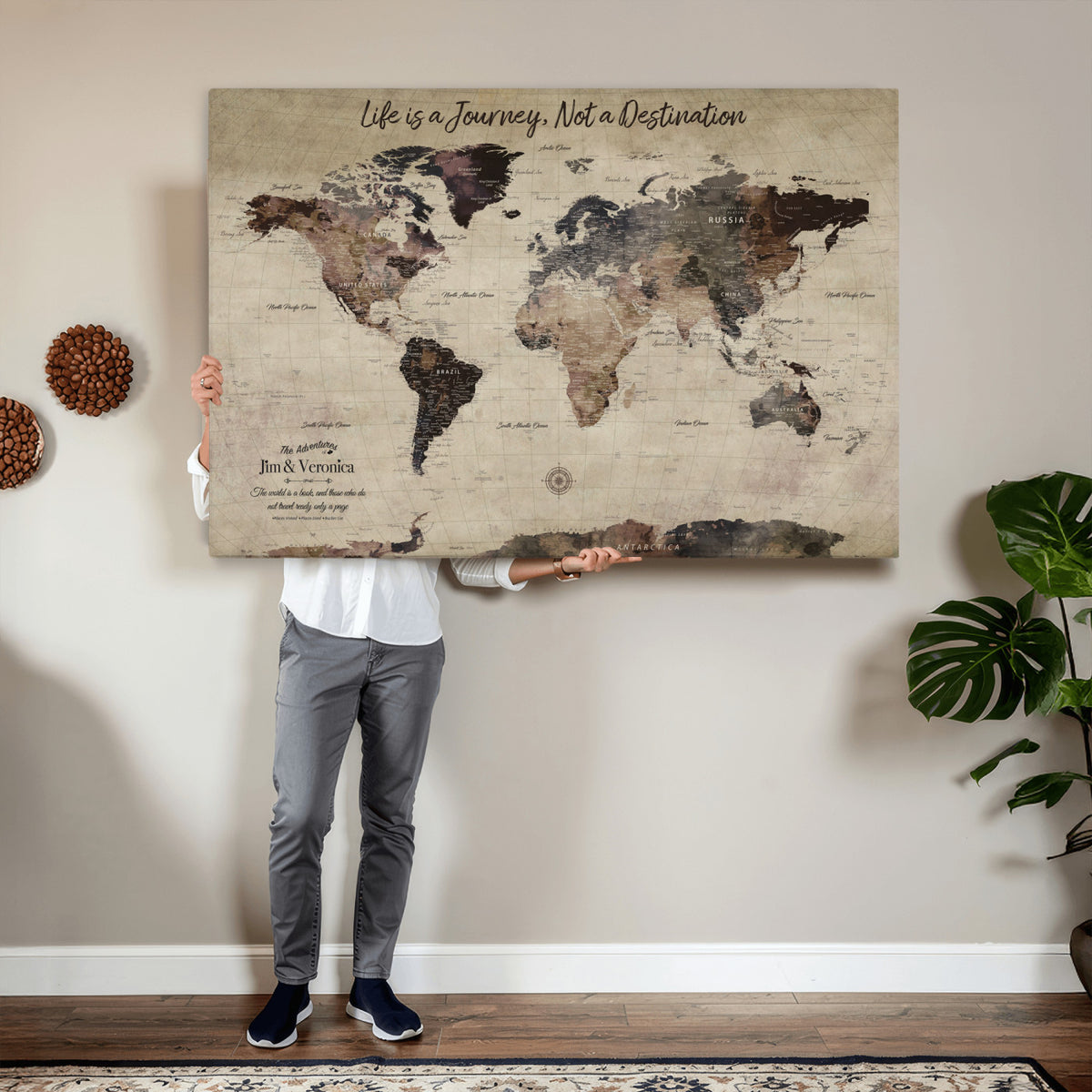 58257942-MGV-CV-36X24 - Custom Push Pin World Map Wall Art Canvas Print | Personalized Travel Tracker with Pins Framed Large for Home and Office Decor
