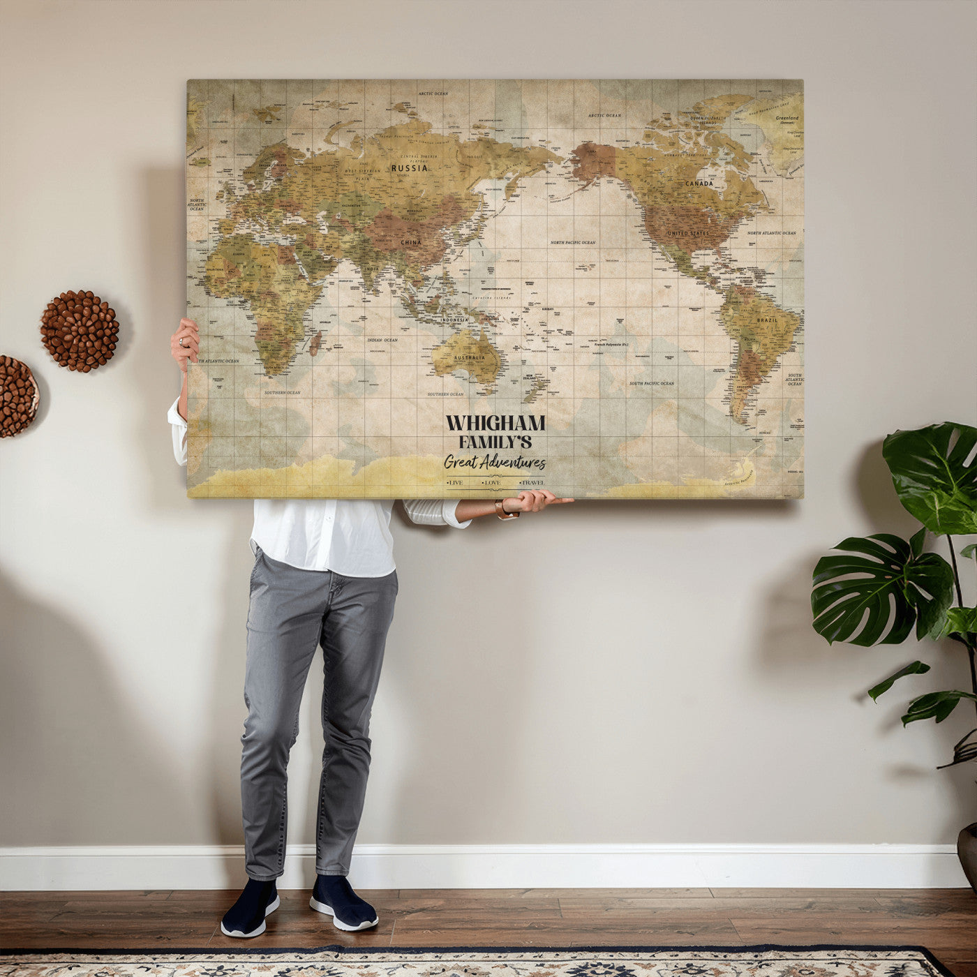 98110883-MGV-CV-36X24 - Custom Push Pin World Map Wall Art Canvas Print – Personalized Travel Tracker with Pins Framed Large for Home and Office Decor