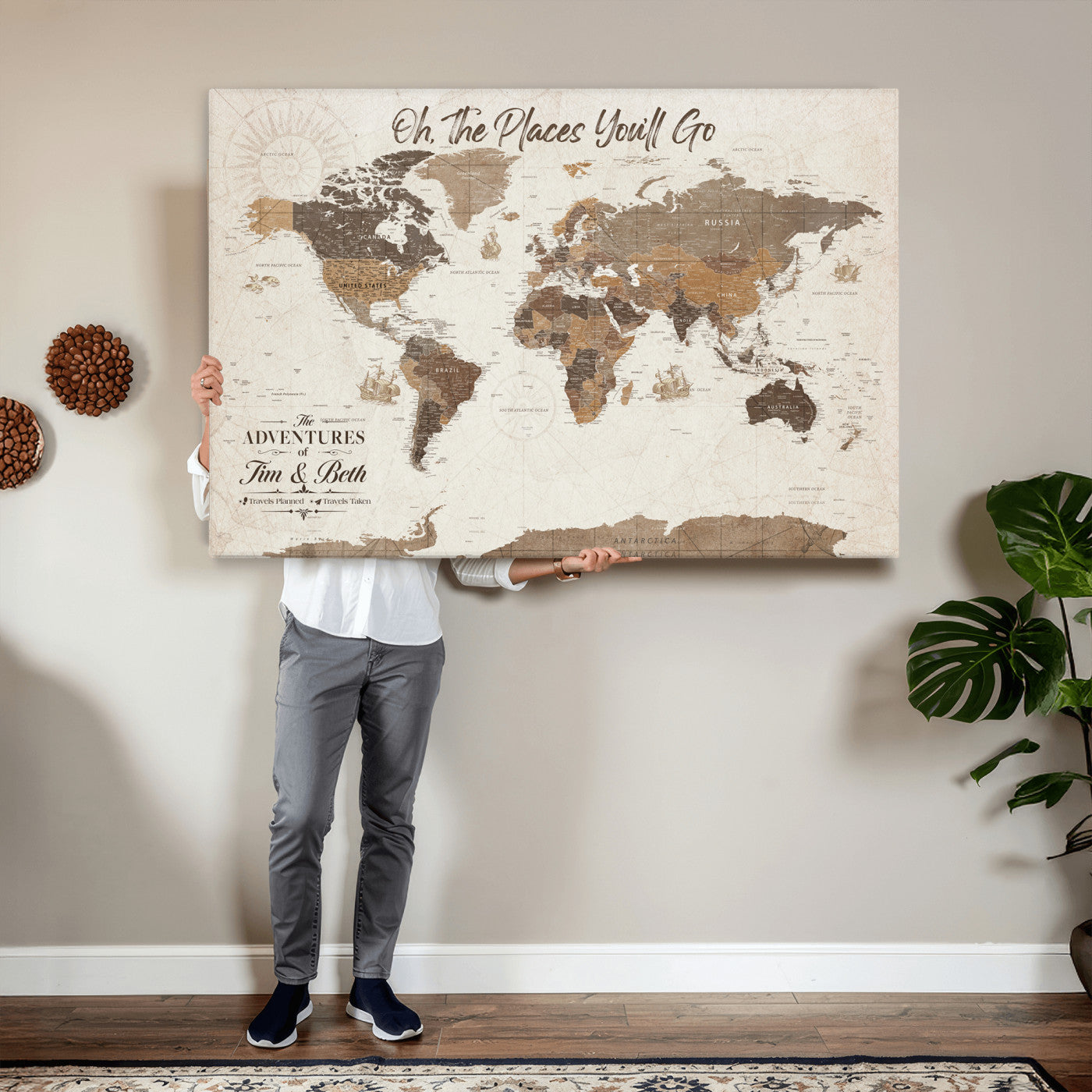 99085321-MGV-CV-36X24 - Custom Push Pin World Map Wall Art Canvas Print – Personalized Travel Tracker with Pins Framed Large for Home and Office Decor