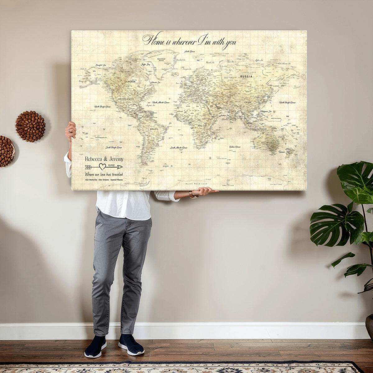30705590-MGV-CV-36X24 - Custom Push Pin World Map Wall Art Canvas Print | Personalized Travel Tracker with Pins Framed Large for Home and Office Decor