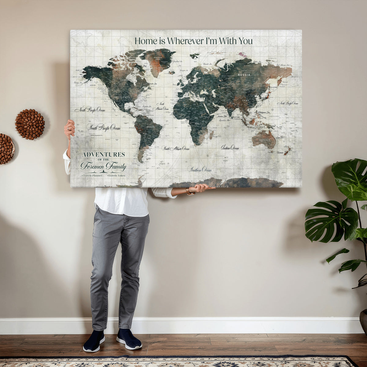 98050124-MGV-CV-36X24 - Personalized Beige Modern Push Pin Travel Map Canvas Print, Couples Countries Visited Map, Dining Room and Bedroom Decor