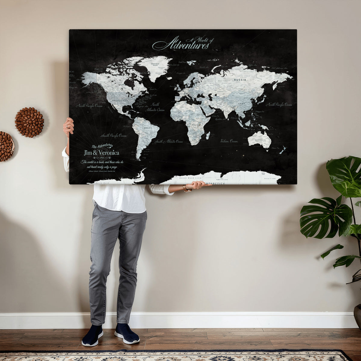 67491071-MGV-CV-36X24 - Custom Beige World Travel Map Wall Art with Pins, Places Visited Tracker, Bedroom and Home Office Decor