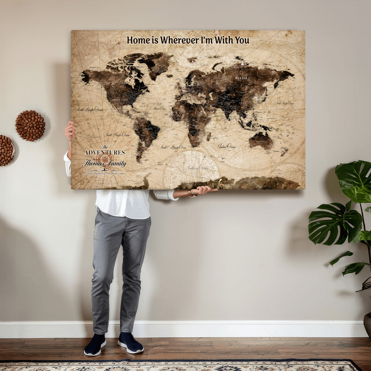 74771891-MGV-CV-36X24 - Personalized Framed Beige Modern World Travel Map Wall Art with Pins, Family Adventure Map, Living Room and Hallway Decor