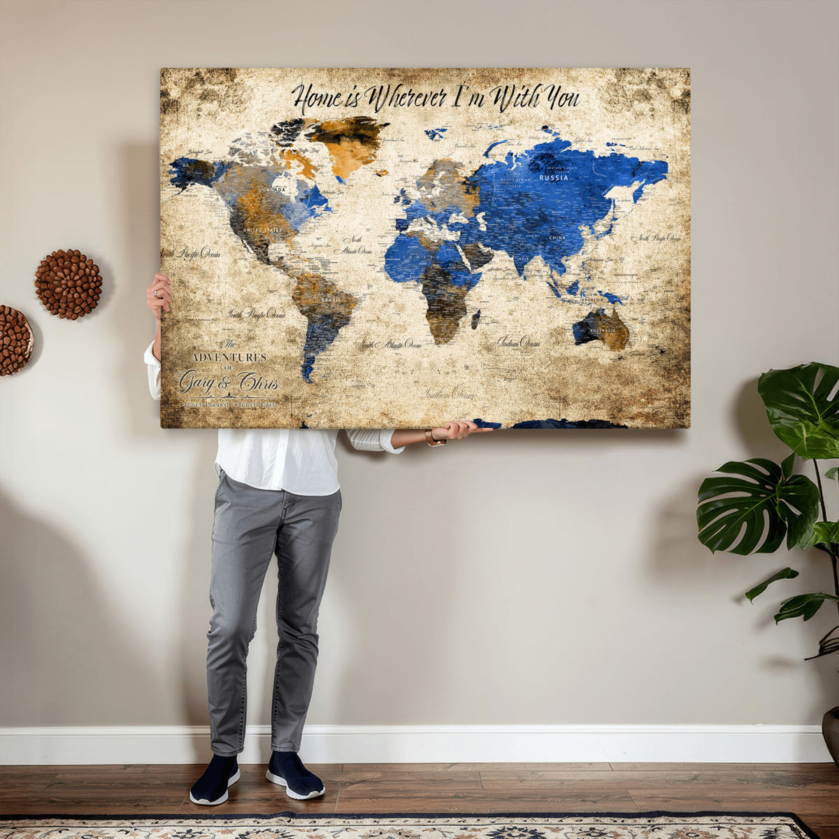 13332533-MGV-CV-36X24 - Personalized Framed Beige World Map Canvas with Push Pins, Honeymoon and Anniversary Gift, Living Room and Home Office Decor